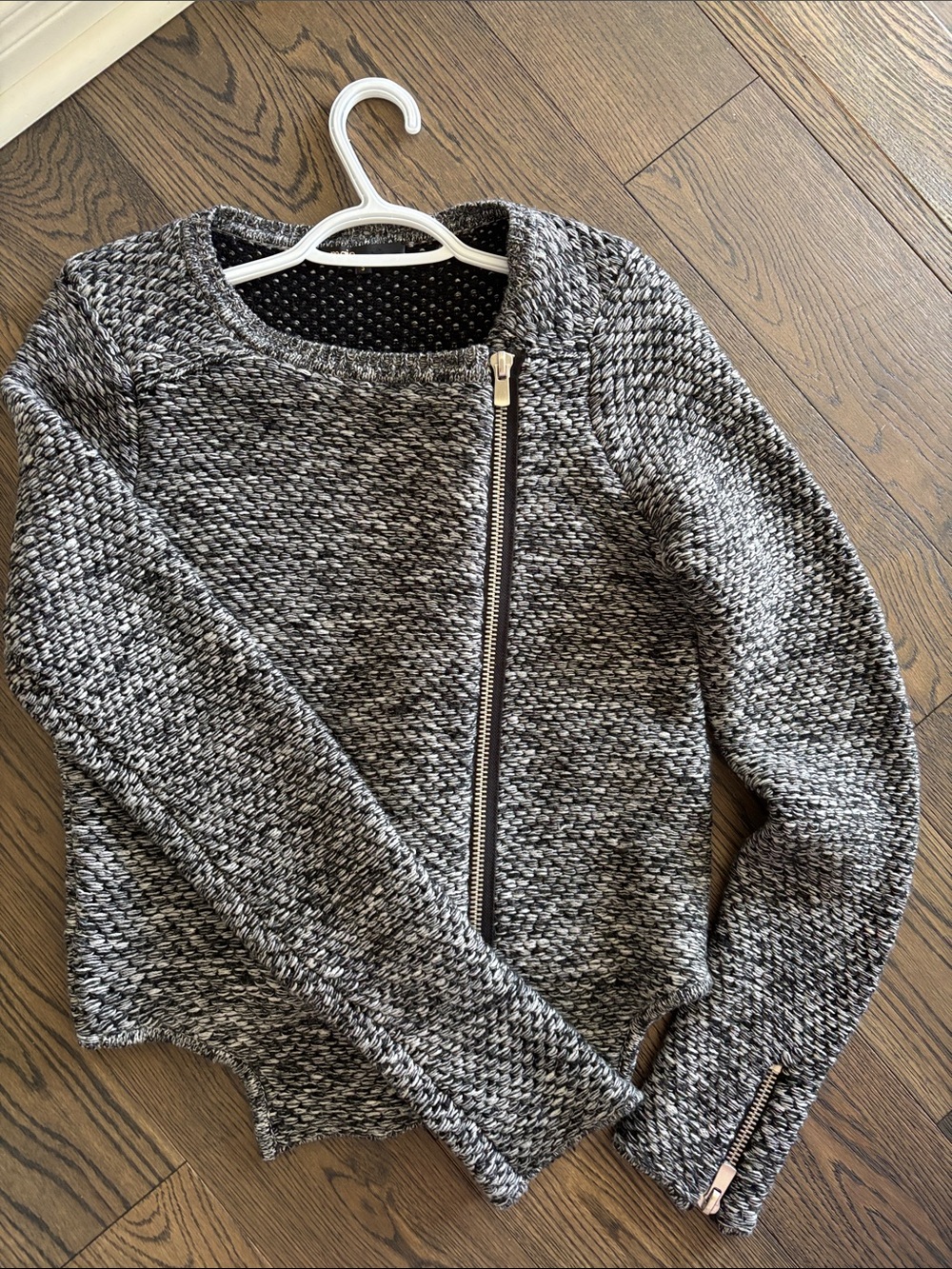 Maje Women's Gray Marled Knit Asymmetrical Zip Up Wool blend Moto Jacket Large